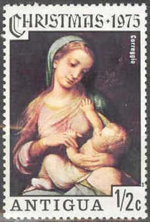 Antigua 1975 Scott 394 Sello ** Navidad Christmas La Virgen y El Niño Correggio 1/2c